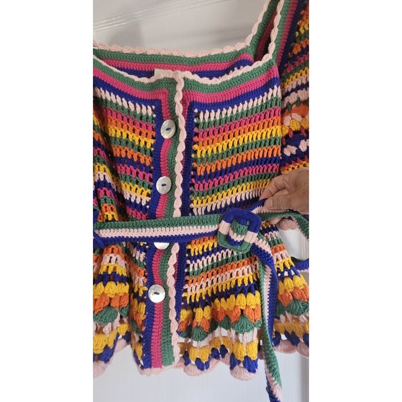 FARM RIO striped crocheted belted knit button‎ front elbow sleeves handmade Sz M - Picture 4 of 9